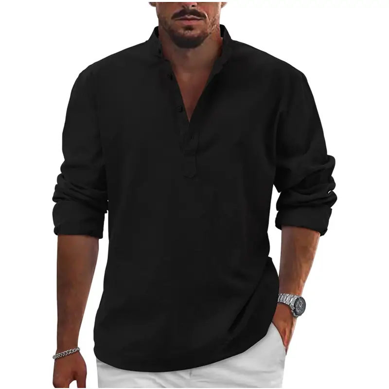 Men Linen Long Sleeve T-Shirt Solid Color Large - Image 15