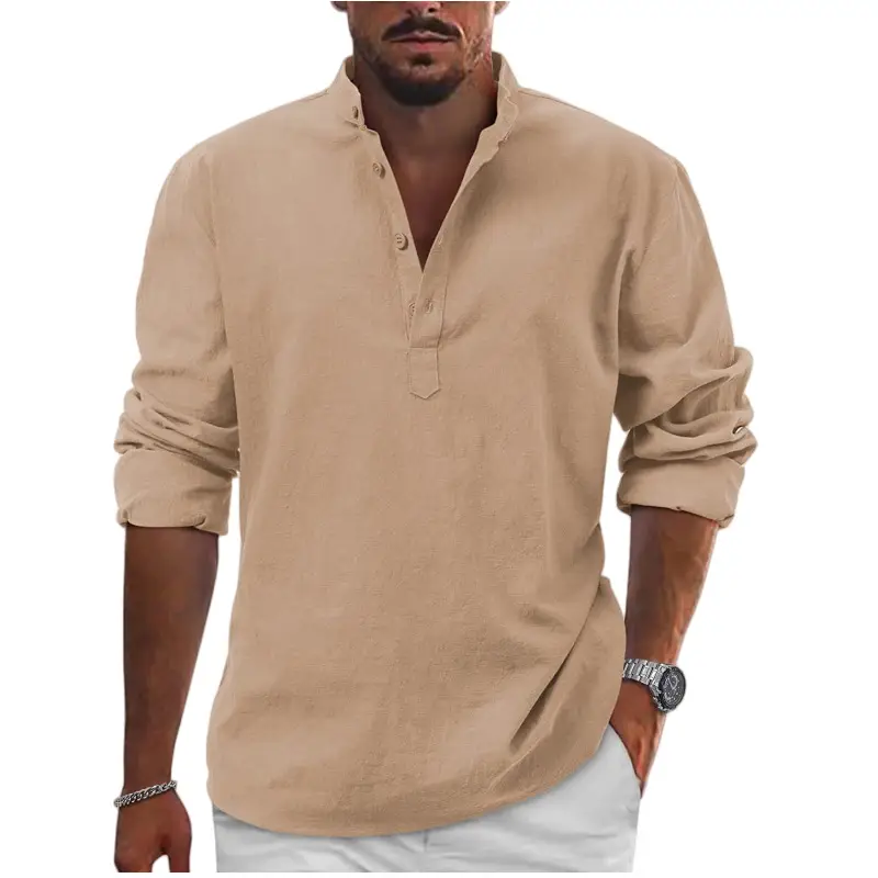 Men Linen Long Sleeve T-Shirt Solid Color Large - Image 16