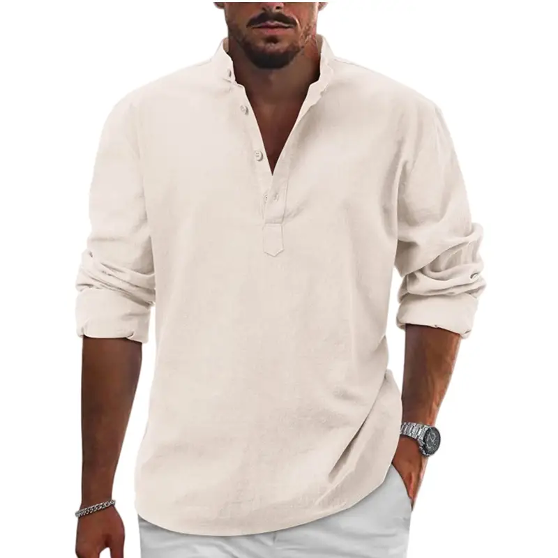 Men Linen Long Sleeve T-Shirt Solid Color Large - Image 11