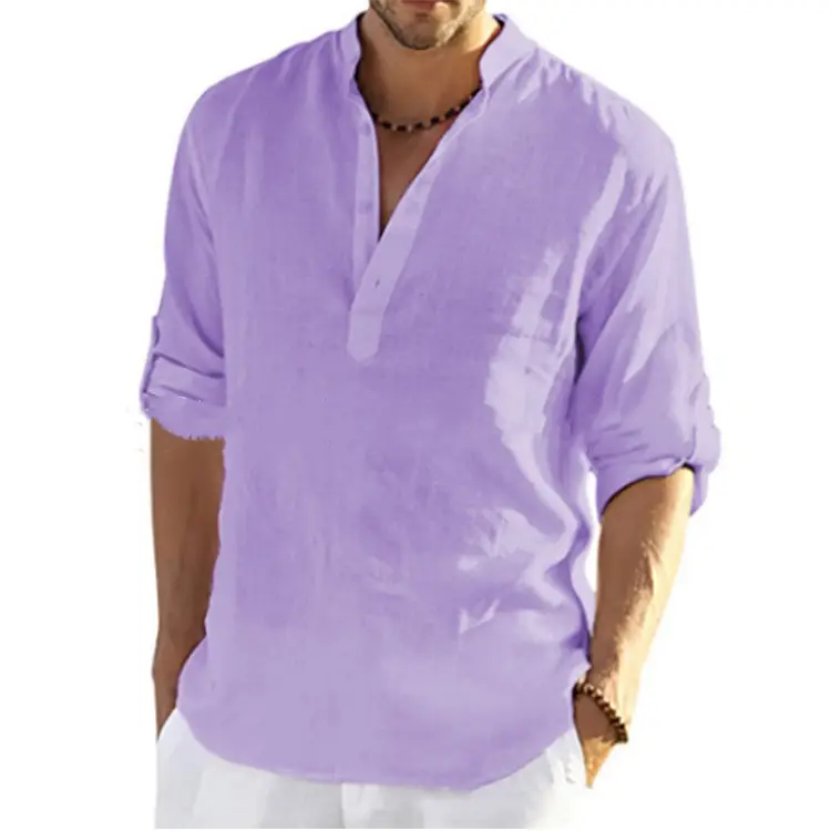 Men Linen Long Sleeve T-Shirt Solid Color Large - Image 12