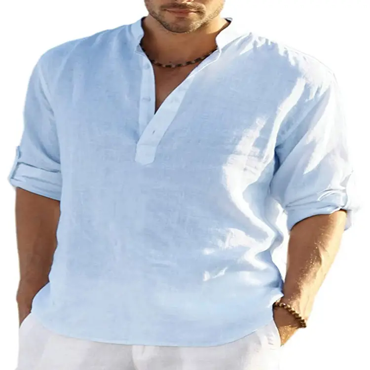 Men Linen Long Sleeve T-Shirt Solid Color Large - Image 3