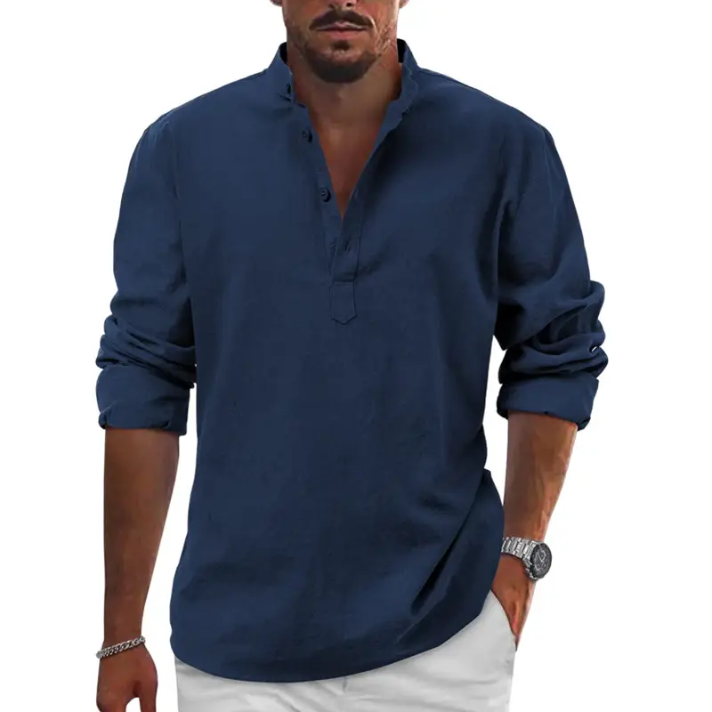 Men Linen Long Sleeve T-Shirt Solid Color Large - Image 4