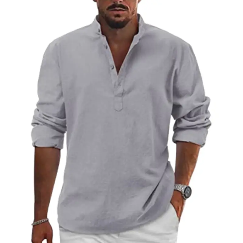 Men Linen Long Sleeve T-Shirt Solid Color Large - Image 5