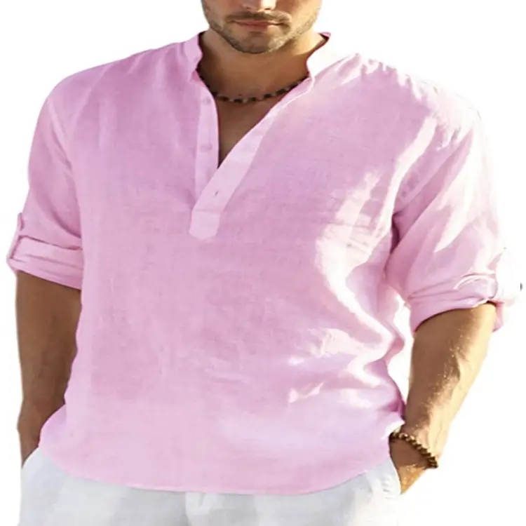 Men Linen Long Sleeve T-Shirt Solid Color Large - Image 6