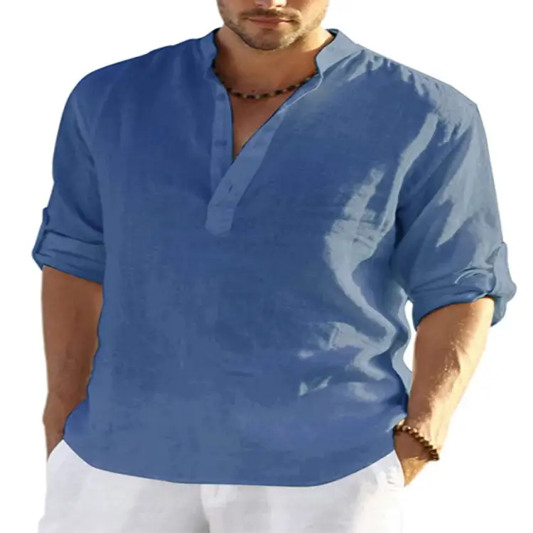 Men Linen Long Sleeve T-Shirt Solid Color Large - Image 8