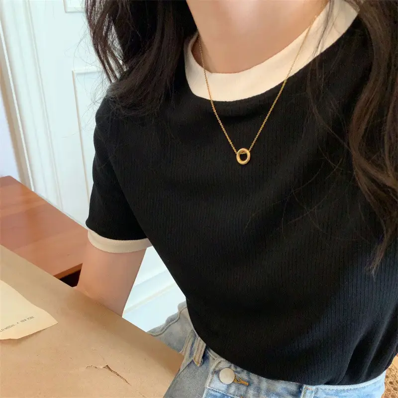 Women's 2025 Summer T-Shirt Black Trim Stretch Slim Fit - Image 5