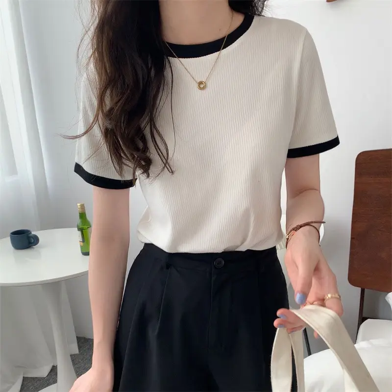 Women's 2025 Summer T-Shirt Black Trim Stretch Slim Fit - Image 7