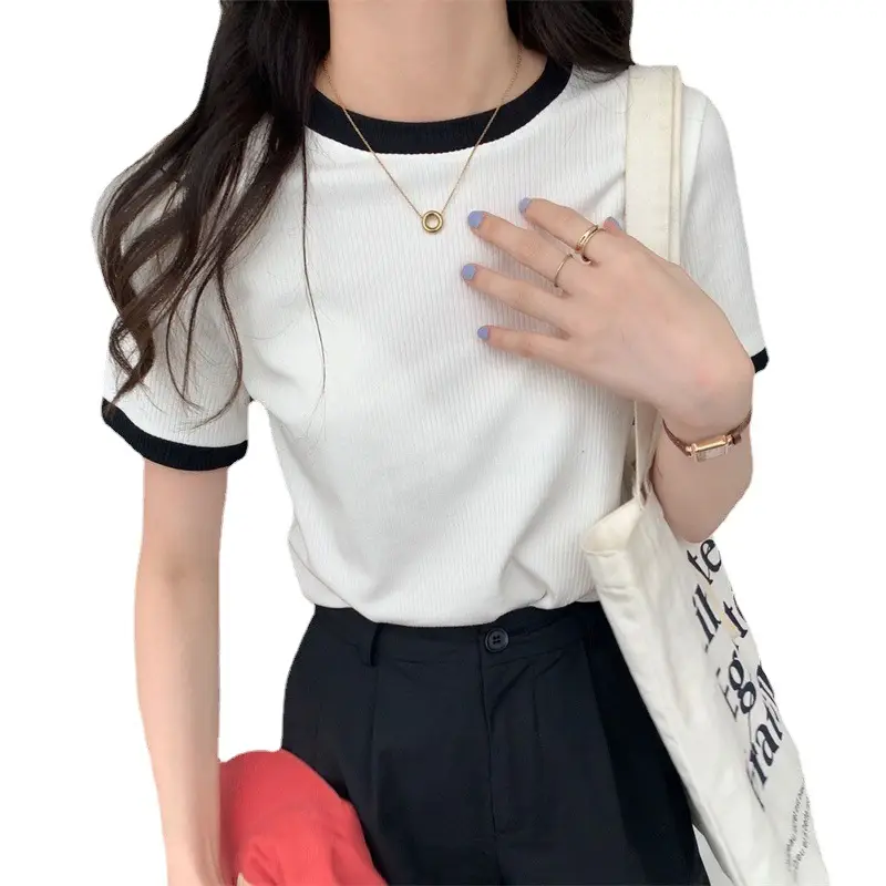 Women's 2025 Summer T-Shirt Black Trim Stretch Slim Fit - Image 8