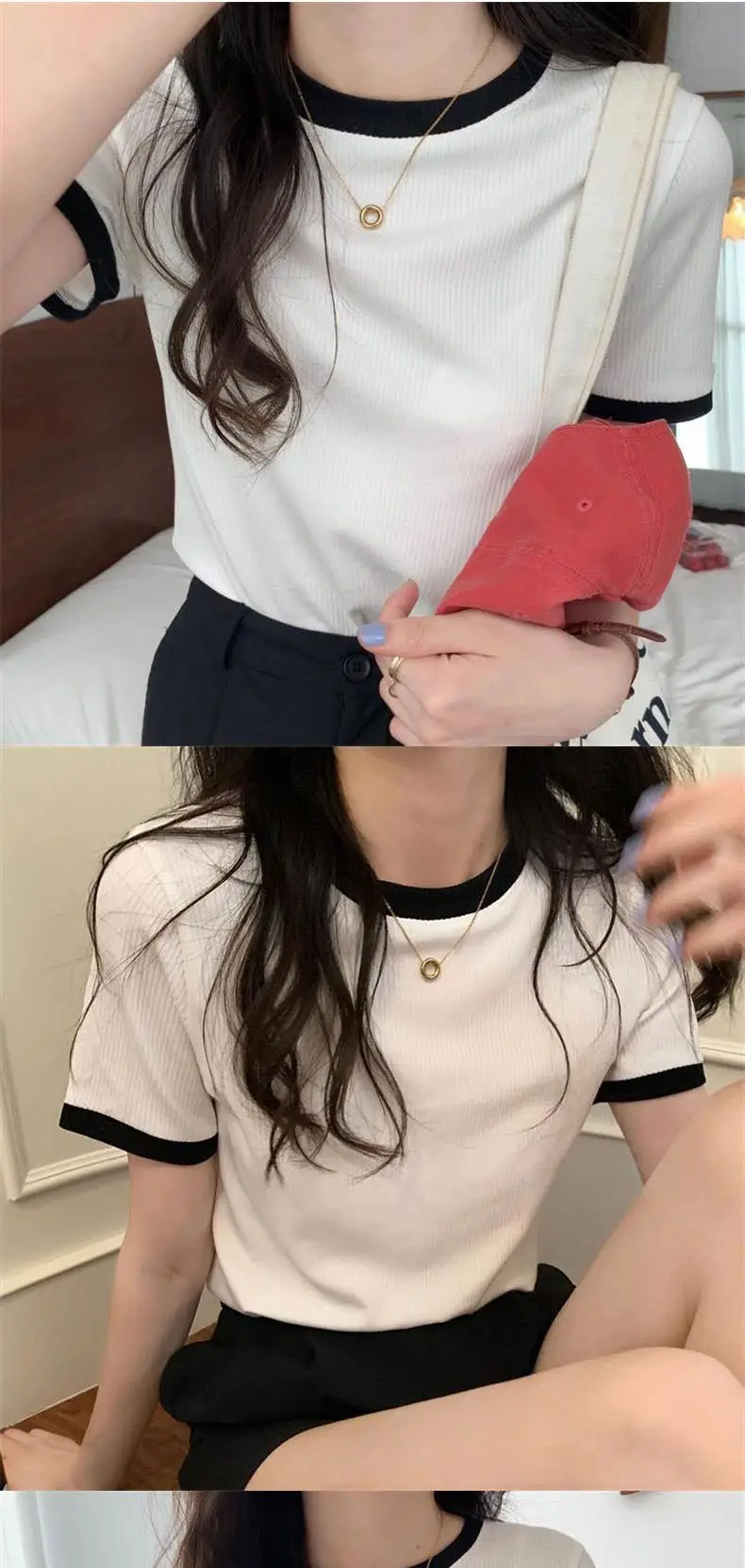 Women's 2025 Summer T-Shirt Black Trim Stretch Slim Fit — feature 2