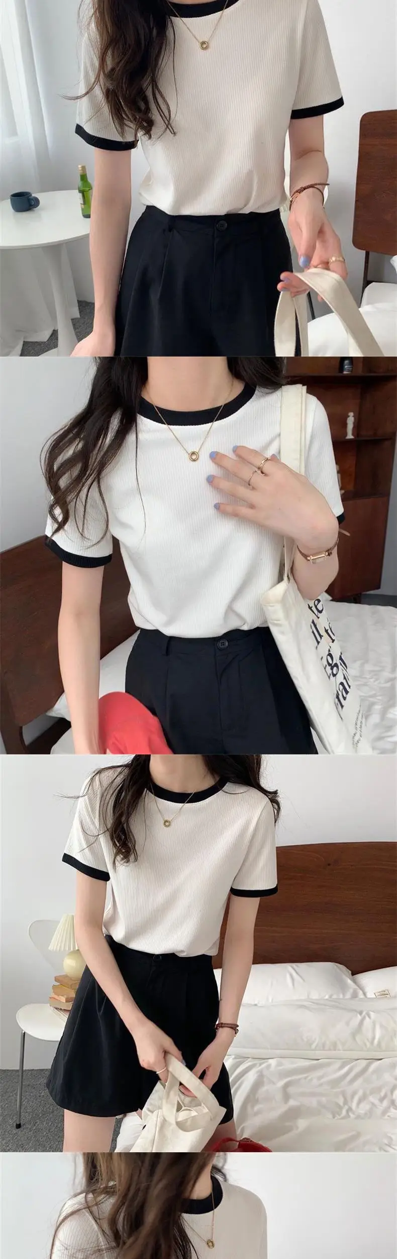 Women's 2025 Summer T-Shirt Black Trim Stretch Slim Fit — feature 3