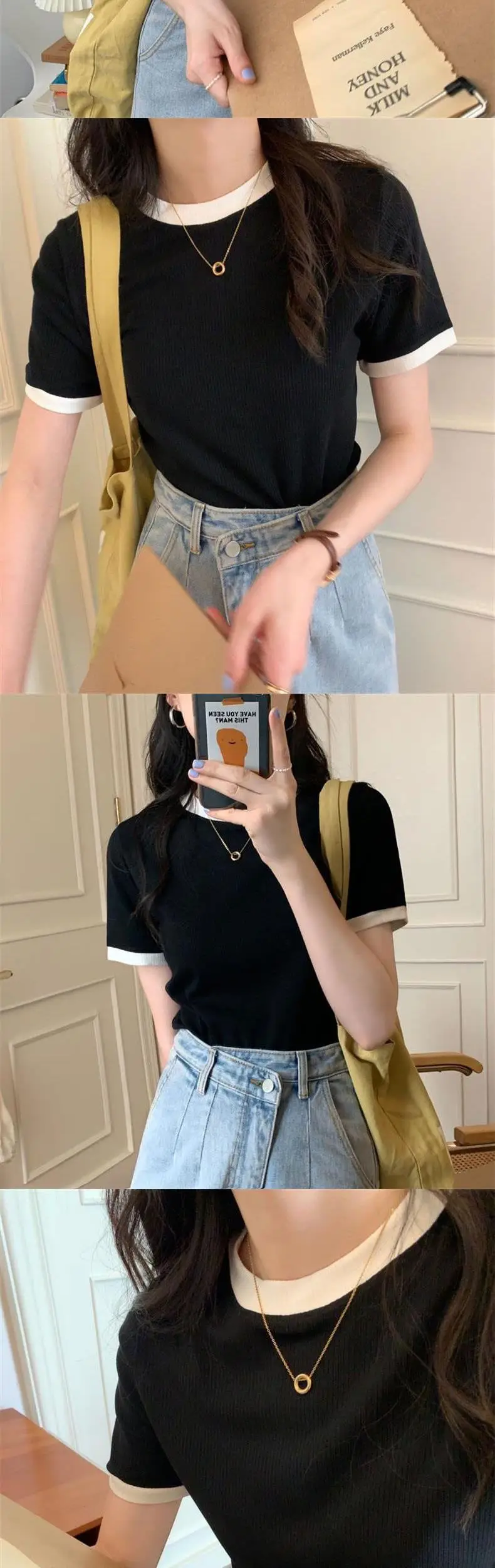 Women's 2025 Summer T-Shirt Black Trim Stretch Slim Fit — feature 7