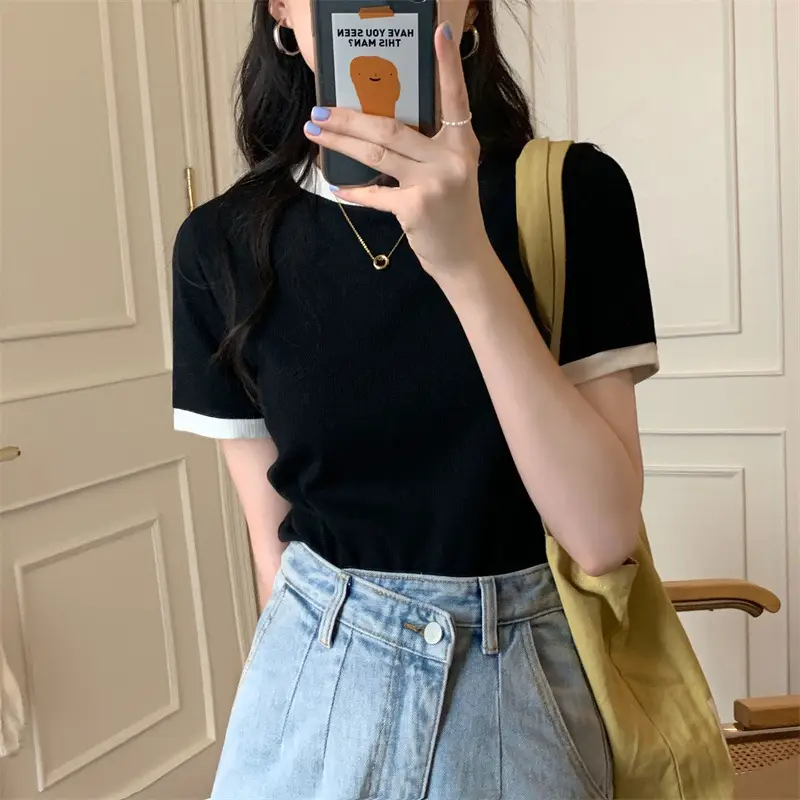 Women's 2025 Summer T-Shirt Black Trim Stretch Slim Fit - Image 2