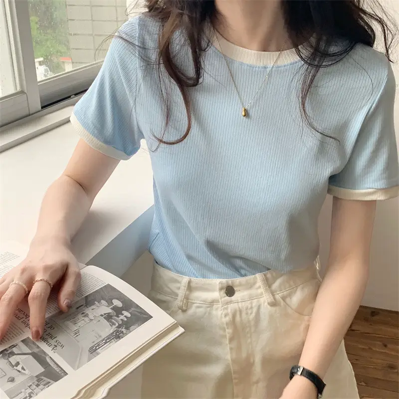 Women's 2025 Summer T-Shirt Black Trim Stretch Slim Fit - Image 3