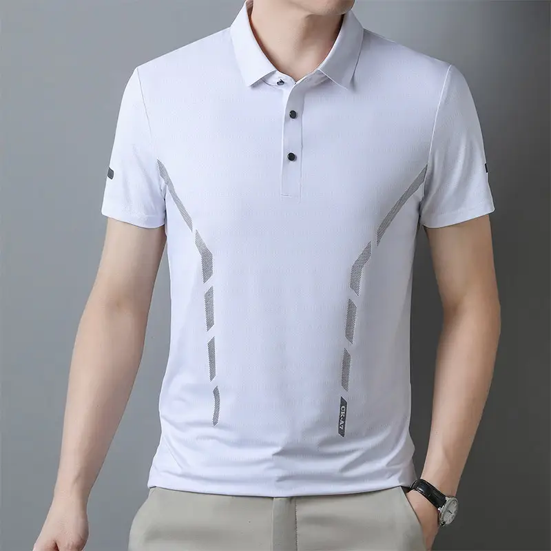 Men's White Polo Shirt with Grey Side Stripes - Image 14