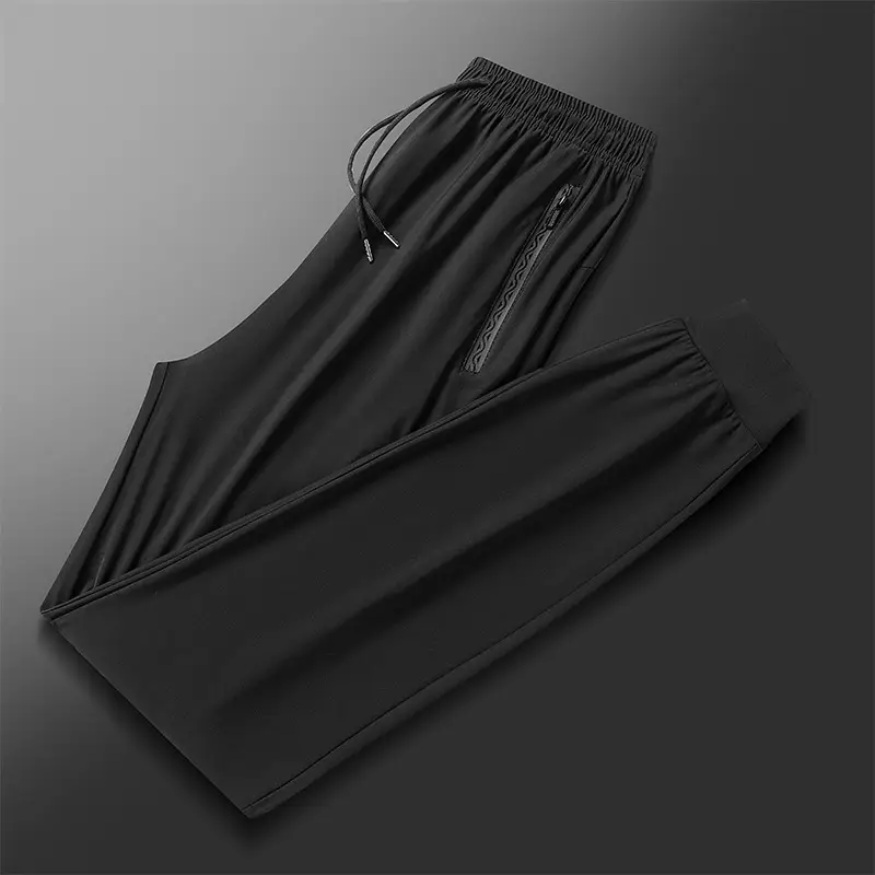 Men's Ice Silk Leg-Tied Pants Black Stretchable - Image 5