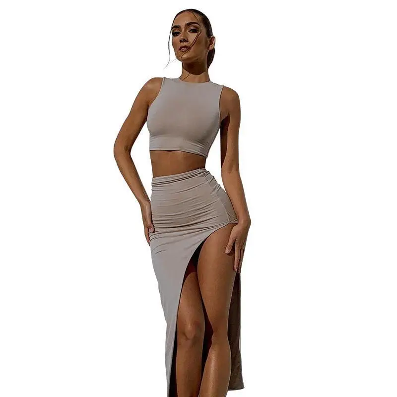 Women Long Skirt Round Neck Hip Skirt Suit Cream - Image 9