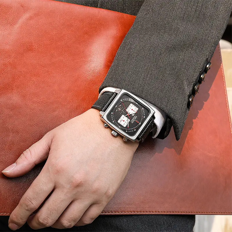 Megir Men's Genuine Leather Square Watch with Chronograph Display - Image 3
