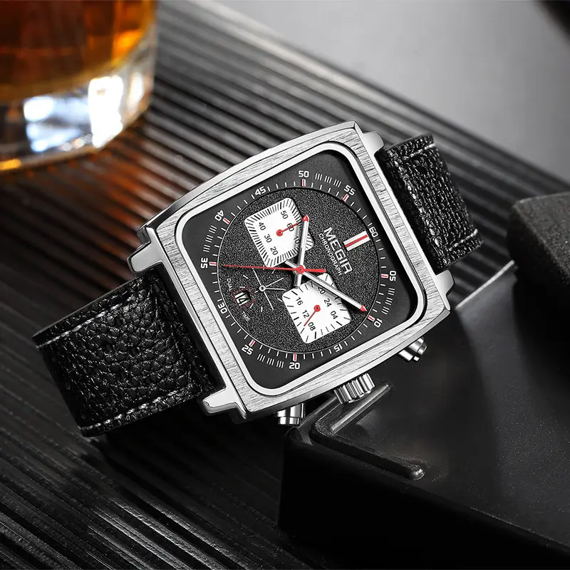 Megir Men's Genuine Leather Square Watch with Chronograph Display - Image 4