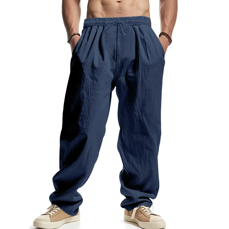 Men Linen Trousers Blue Loose Casual Straight Pants - Image 8