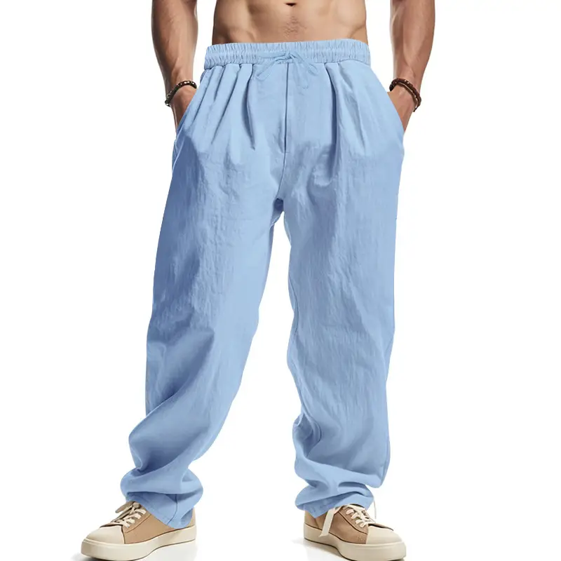Men Linen Trousers Blue Loose Casual Straight Pants - Image 6