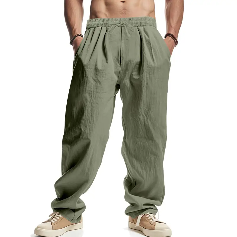 Men Linen Trousers Blue Loose Casual Straight Pants - Image 7