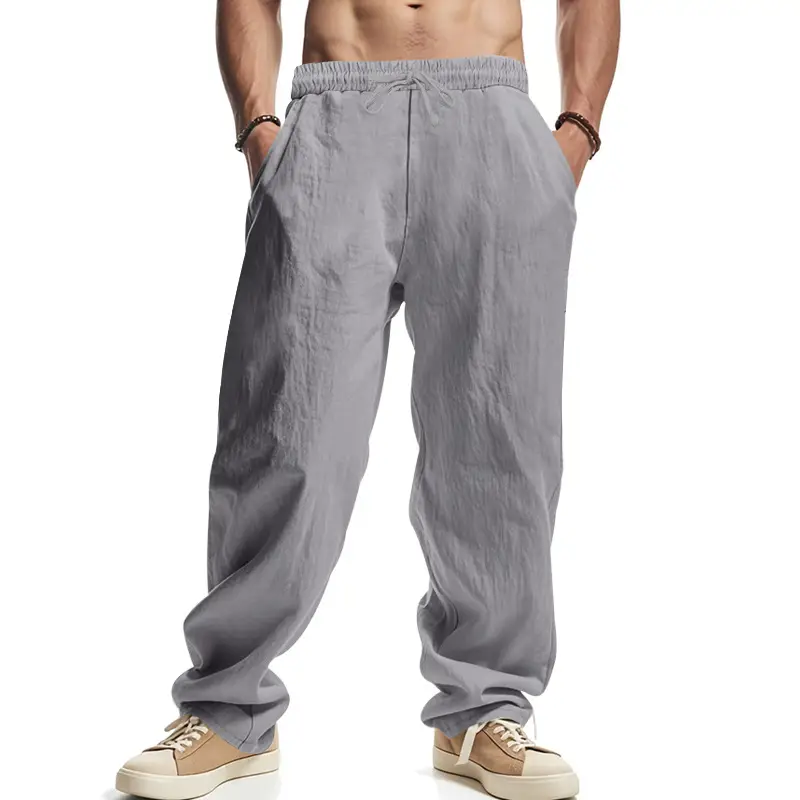 Men Linen Trousers Blue Loose Casual Straight Pants - Image 4