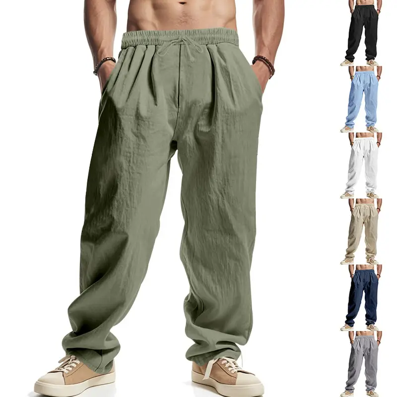 Men Linen Trousers Blue Loose Casual Straight Pants — feature 10
