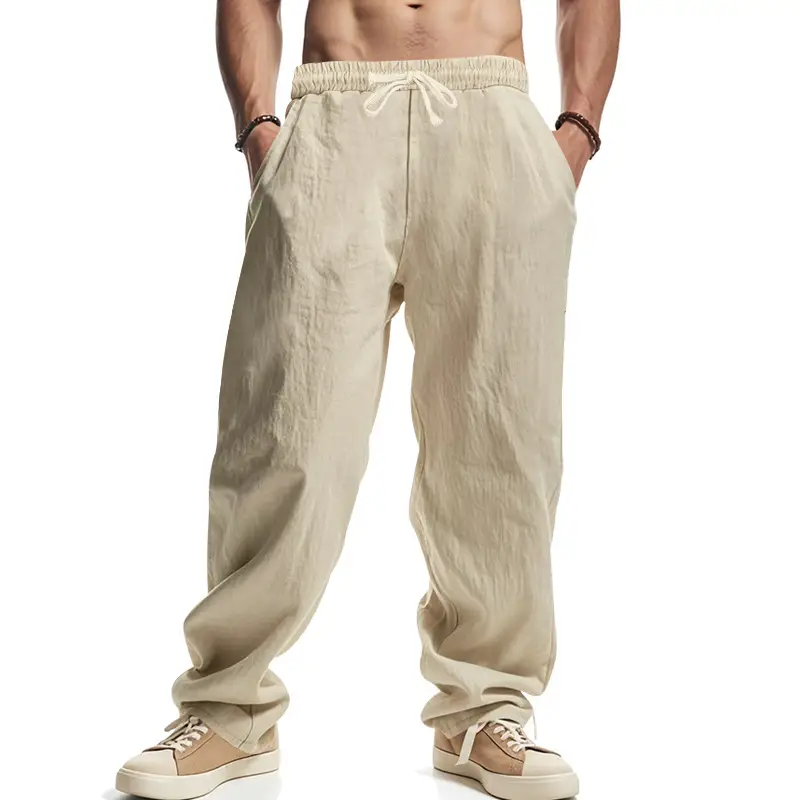 Men Linen Trousers Blue Loose Casual Straight Pants — feature 18