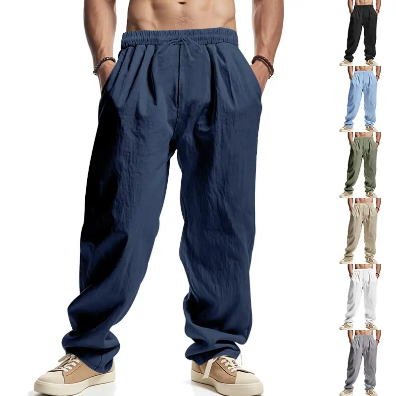 Men Linen Trousers Blue Loose Casual Straight Pants — feature 24