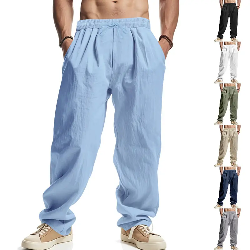Men Linen Trousers Blue Loose Casual Straight Pants — feature 3