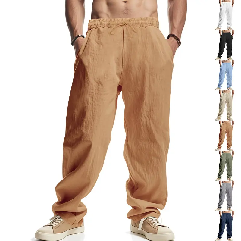 Men Linen Trousers Blue Loose Casual Straight Pants — feature 31