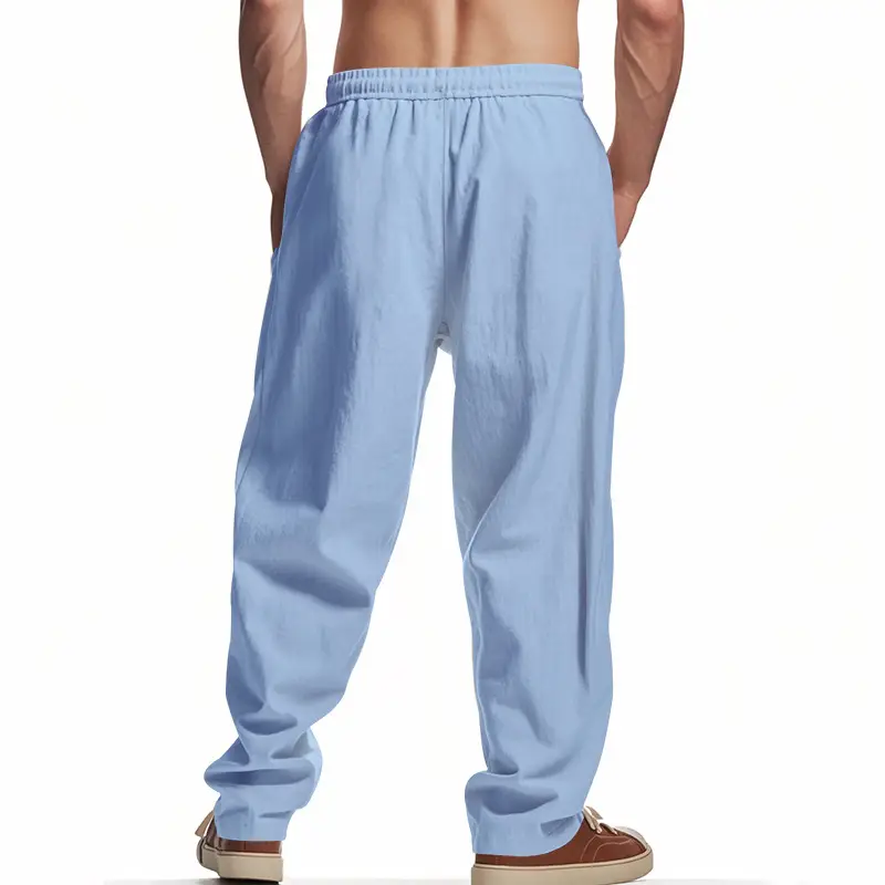 Men Linen Trousers Blue Loose Casual Straight Pants — feature 5