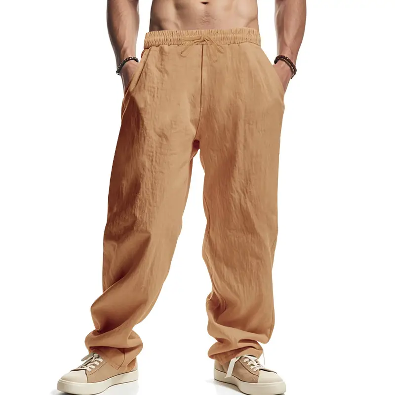 Men Linen Trousers Blue Loose Casual Straight Pants - Image 2
