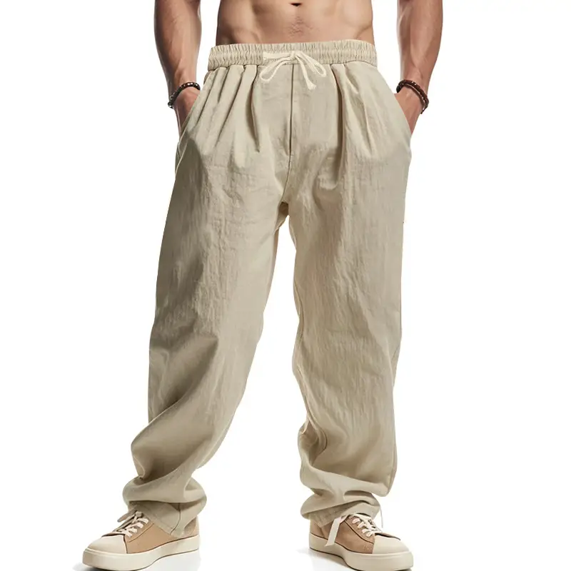 Men Linen Trousers Blue Loose Casual Straight Pants - Image 5