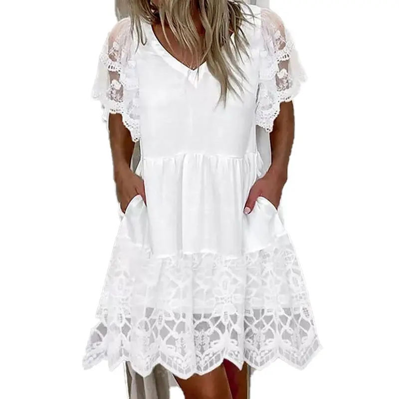 White Lace Short-Sleeve Dress for Women