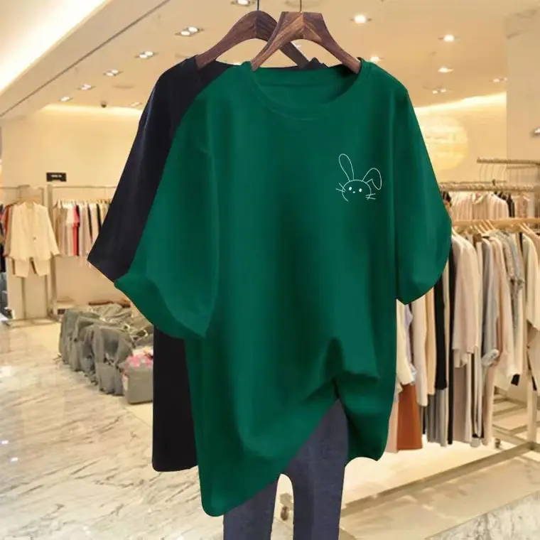 Large Version of Long Pure Cotton Round Neck Texture Rice Apricot Short-Sleeved T-Shirt for Women 2024 Summer New European Half-Sleeved T-Shirt Ins