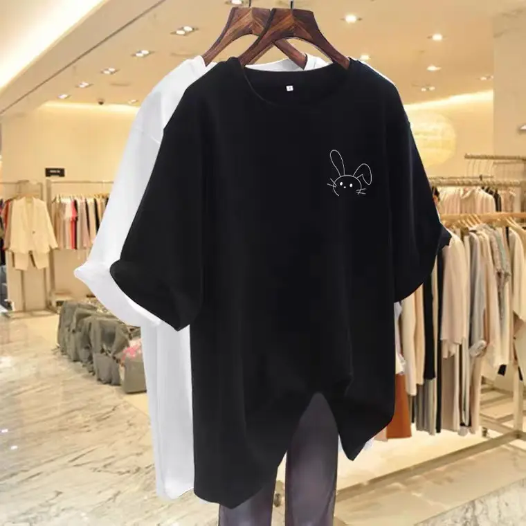 Large Version of Long Pure Cotton Round Neck Texture Rice Apricot Short-Sleeved T-Shirt for Women 2024 Summer New European Half-Sleeved T-Shirt Ins