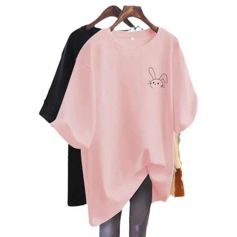 Large Version of Long Pure Cotton Round Neck Texture Rice Apricot Short-Sleeved T-Shirt for Women 2024 Summer New European Half-Sleeved T-Shirt Ins