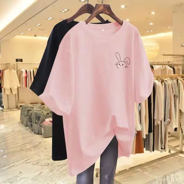 Large Version of Long Pure Cotton Round Neck Texture Rice Apricot Short-Sleeved T-Shirt for Women 2024 Summer New European Half-Sleeved T-Shirt Ins
