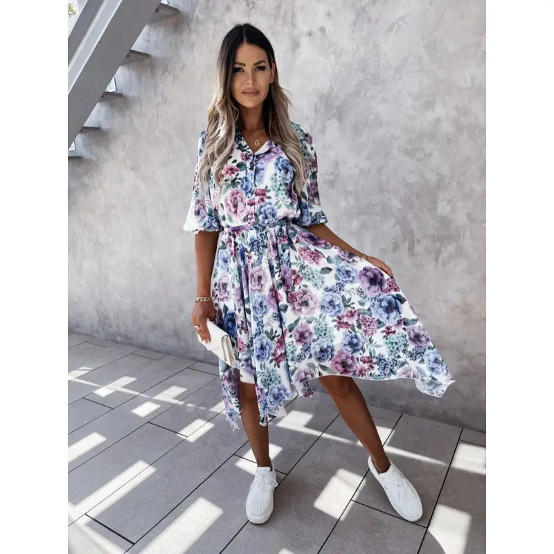 Asymmetrical Printed Women's Dress Floral Pink Belted