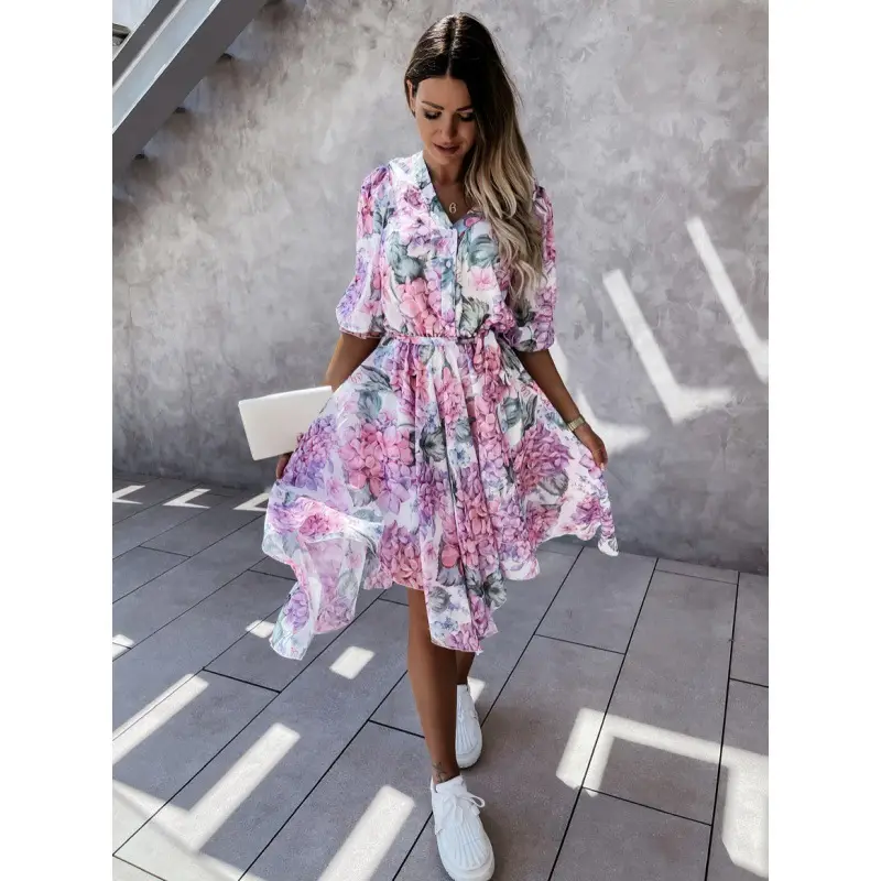 Asymmetrical Printed Women's Dress Floral Pink Belted