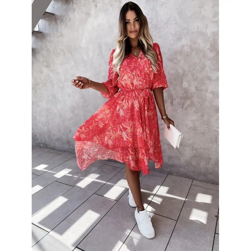 Asymmetrical Printed Women's Dress Floral Pink Belted