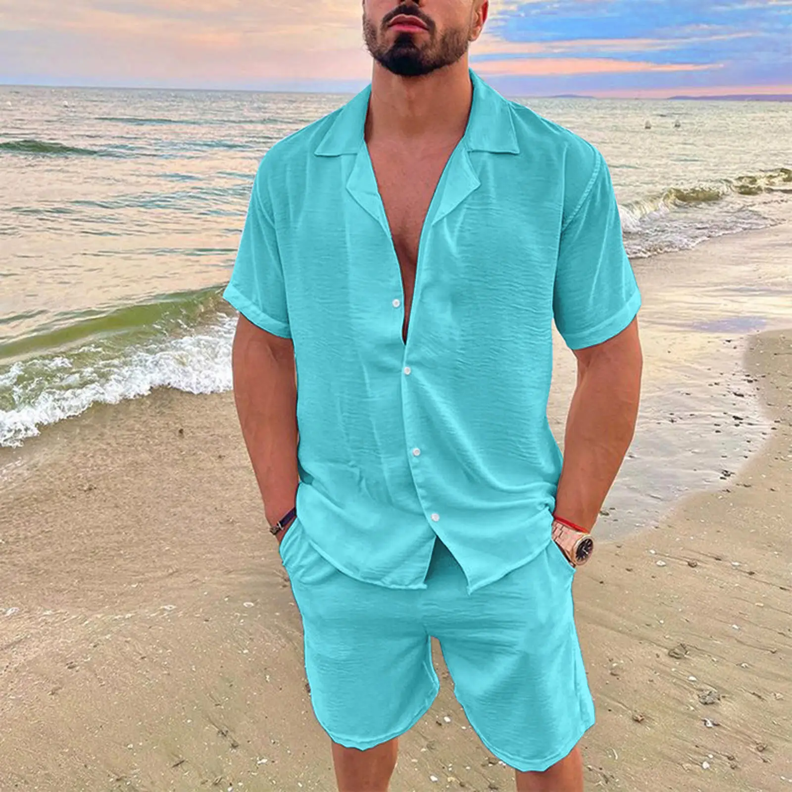 Men's Blue Hawaiian Short Sleeve Shirt & Shorts Set - Image 6