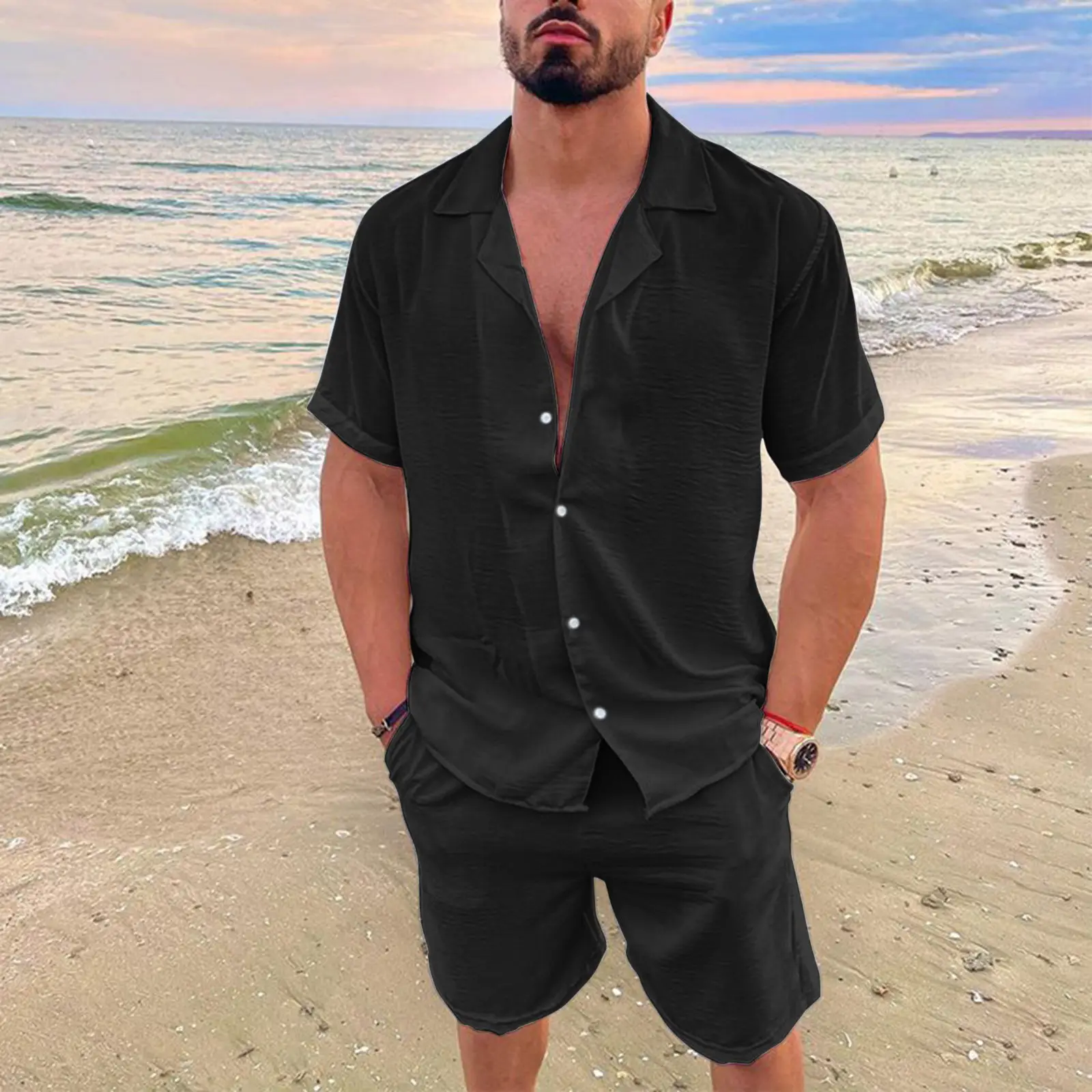 Men's Blue Hawaiian Short Sleeve Shirt & Shorts Set — feature 7