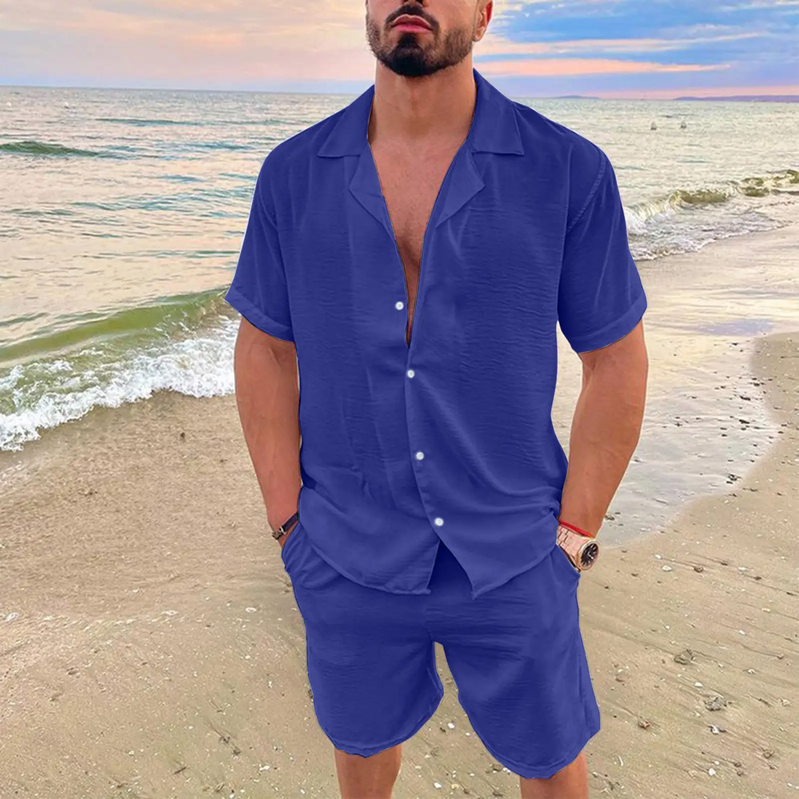 Men's Blue Hawaiian Short Sleeve Shirt & Shorts Set - Image 2