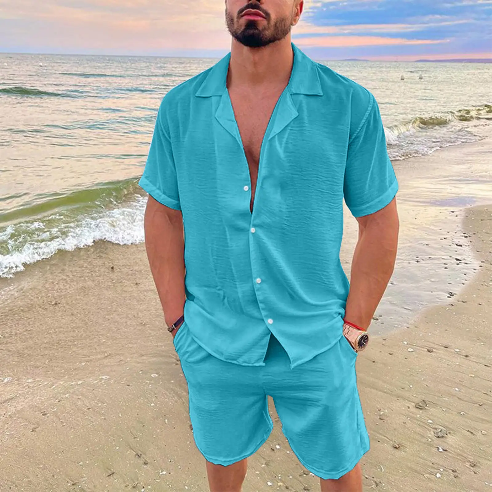 Men's Blue Hawaiian Short Sleeve Shirt & Shorts Set - Image 4