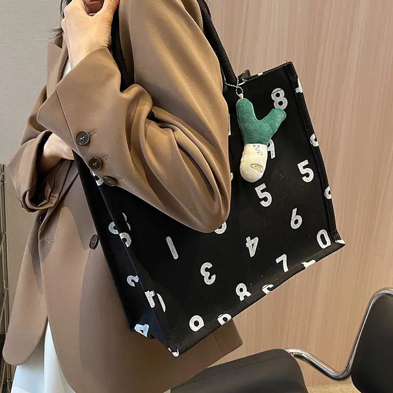 Purple Number Print Canvas Tote Bag for Women - Image 13