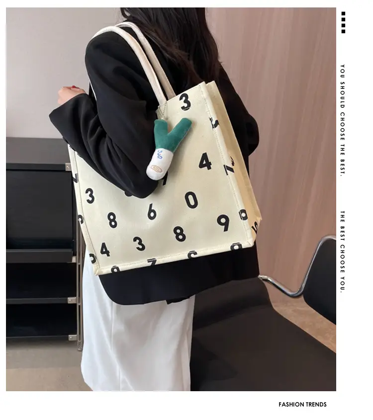 Purple Number Print Canvas Tote Bag for Women — feature 1