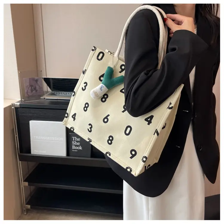 Purple Number Print Canvas Tote Bag for Women — feature 10