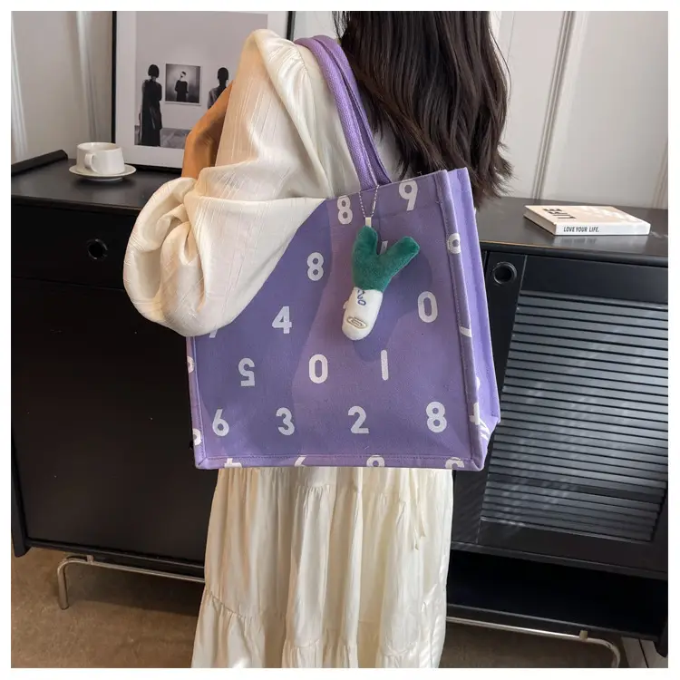 Purple Number Print Canvas Tote Bag for Women — feature 14